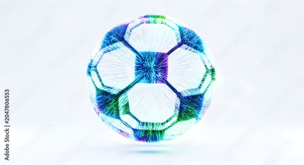 Naklejka premium Colorful soccer ball with blue green and purple paint splatters on white background perfect for sports and recreation themes
