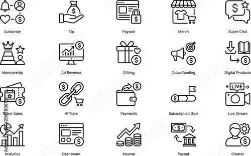 Cuadro en lienzo Vector icon set of content creator monetization tools platform revenue streams d
