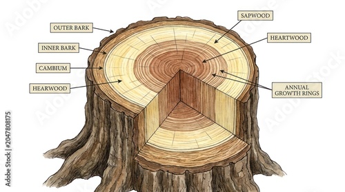 Detailed Cross-Sectional Diagram of a Tree Trunk with Labeled Parts.