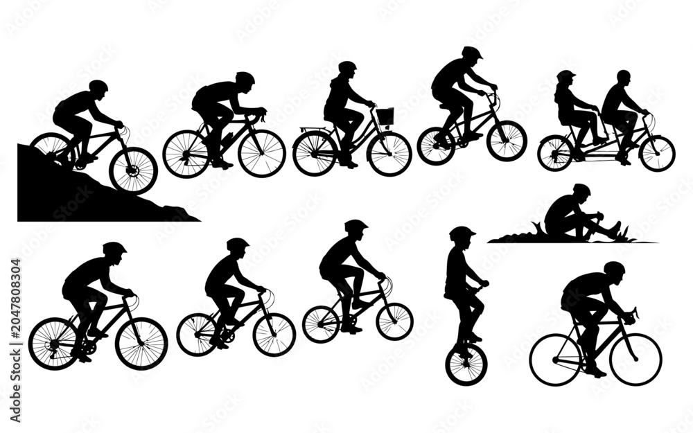 Obraz premium Silhouettes of people riding bicycles in various poses and settings