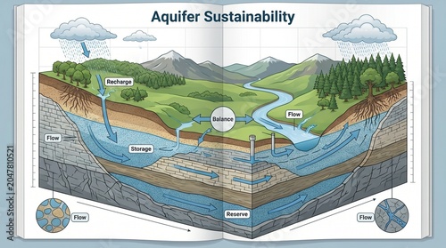 The process of Aquifer recharge storage flow and its importance to ecosystems and human consumption illustrated across a landscape.