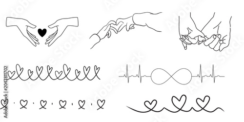 Obraz na płótnie Romantic Couple Hands Line Art Collection Isolated on White Background