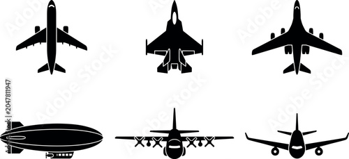 Fotografía Airplane and aircraft black glyph icons vector collection set including commerci