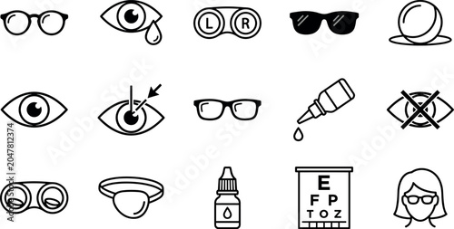 Tableau sur toile Optometry and eye care outline icon vector set featuring eyeglasses, contact lenses, eyedrops, vision exam chart, laser surgery, and blindness symbols