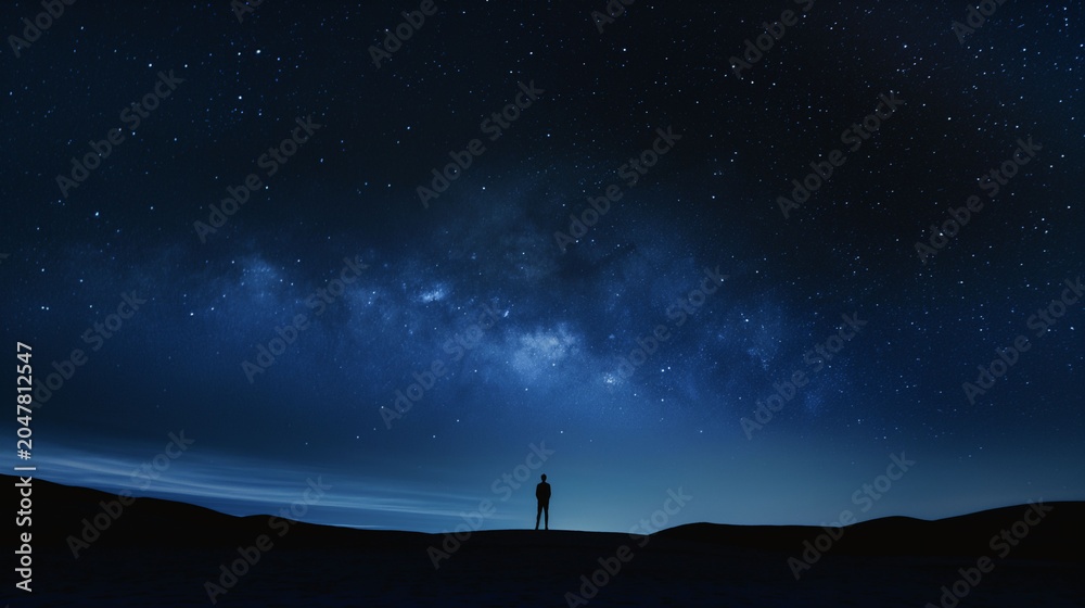 Fototapeta premium Silhouette of a person under starry night sky