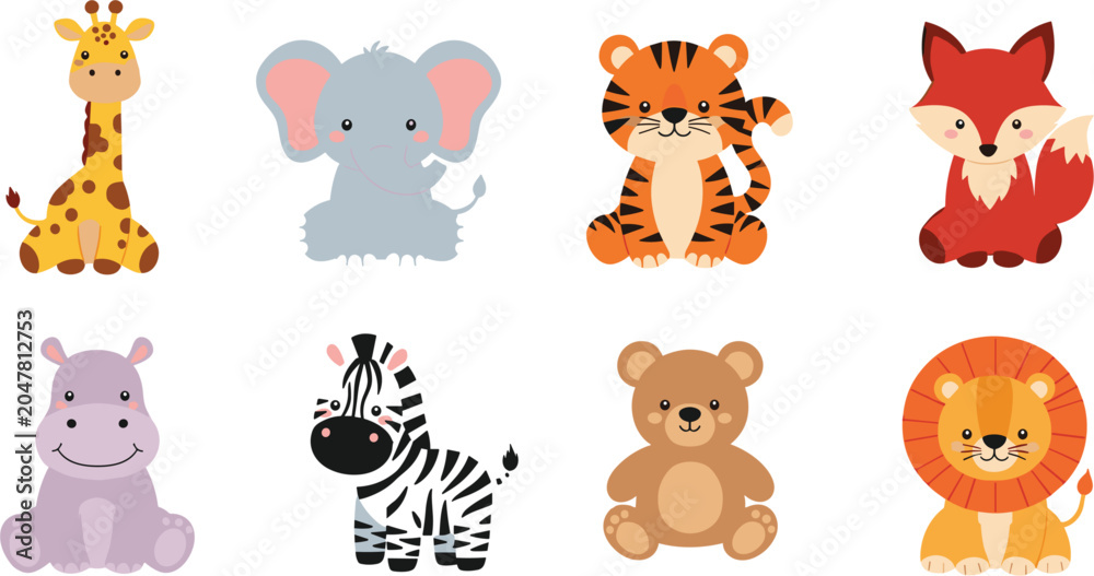 Obraz premium Cute Kawaii Baby Safari Animal Vector Icon Set Featuring Cartoon Giraffe Elephant Tiger Fox Hippo Zebra Bear and Lion Characters for Kids Design