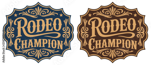 Foto rodeo champion cowboy label style belt buckle, elite bull rider medal typographic emblem, ornate western vector design featuring premium ranking title, award distinction and heritage branding
