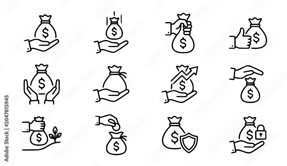 Fototapeta premium Money bag line icons financial growth security and investment concepts