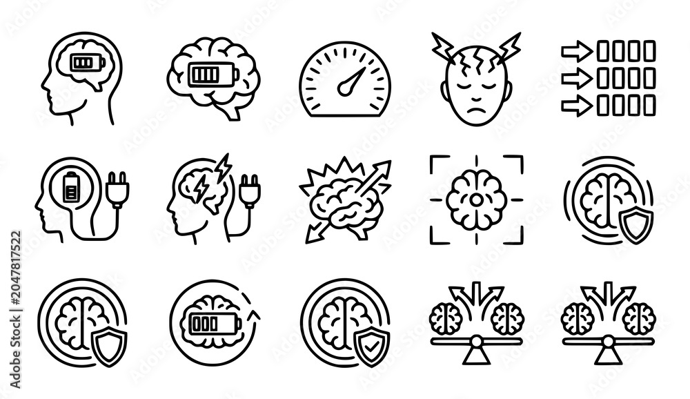 Fototapeta premium Mental health icons set stress energy and cognitive wellbeing