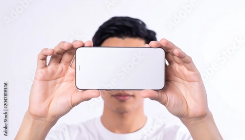 Man Holding Smartphone Covering Face White Background.