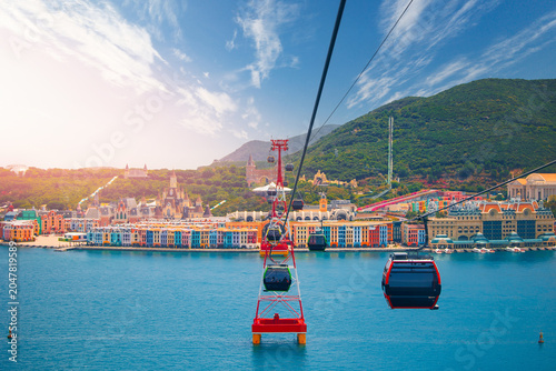 Fotografie Aerial top view cable car and island amusement park with castle Nha Trang Vietna