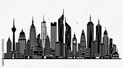 Fotografija Black silhouette of modern city skyline with tall skyscrapers.