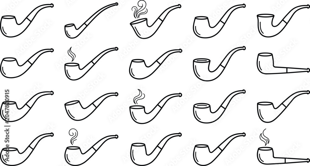 Fototapeta premium Vintage smoking pipe vector line art set with classic wooden shapes and swirling smoke design elements