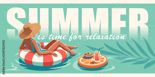 Retro vector banner of a woman in straw hat relaxing on striped pool float with orange float tray, iced drink and snacks. Teal water, palm leaves, vintage mood. Vector illustration