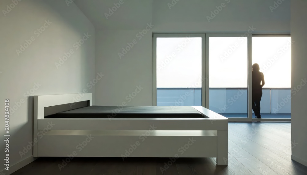 Fototapeta premium Minimalist Bedroom with Large Window and Solitary Figure.
