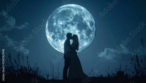 Romantic Silhouette of Couple Kissing Under a Giant Moon.