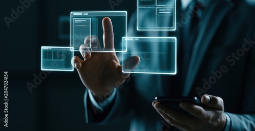 Businessman using futuristic touchscreen interface with holograms