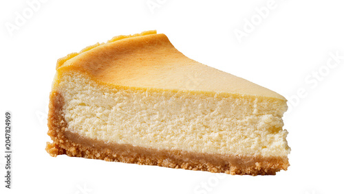 Tableau sur toile Golden baked cheesecake slice with crumbly biscuit base, isolated on transparent