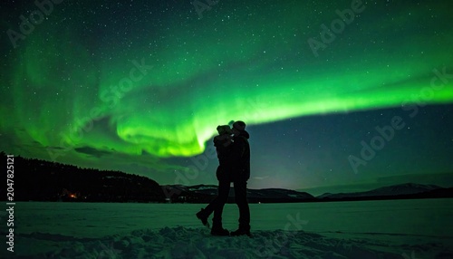 Romantic Embrace Under the Northern Lights - A Magical Aurora Kiss.
