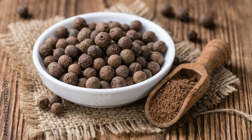 Whole and ground allspice berries in a bowl and scoop on rustic wood
