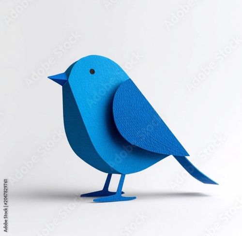children’s book style illustration of a blue bird in flight, side profile facing right, simple construction paper cutout look, clean shapes, white background