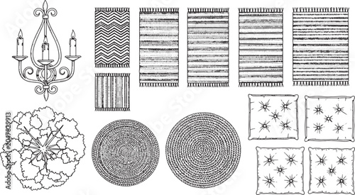 Interior design elements set with rugs, cushions, wall sconce, and top view tree in hand drawn sketch style