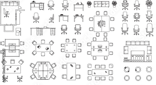 Office furniture top view floor plan symbols set for architectural interior design projects in vector line art