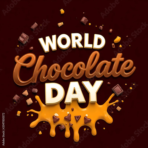 World chocolate day celebration background with 3d lettering, melted caramel splash, and chocolate pieces on a dark brown background
