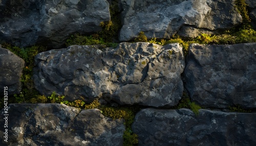 Ancient Stone Wall Mossy Texture Macro Close-Up Natural Architecture Rough Surface Background

