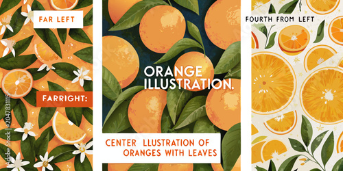 Fotografie Vibrant orange fruit and leaves pattern a colorful botanical illustration