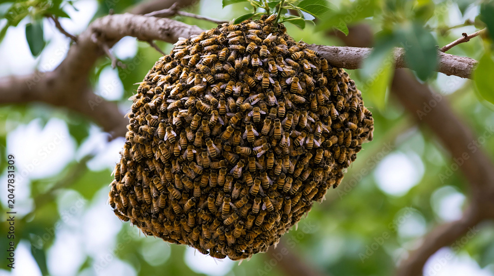 Obraz premium Bee Swarm on Honeycomb: Pollination, Organic Farming, and Natural Habitat in Rural Environment