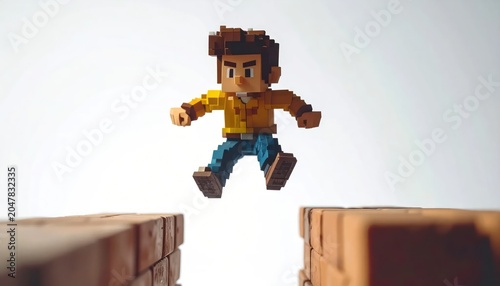 Pixelated character mid-jump over a gap between brick platforms.