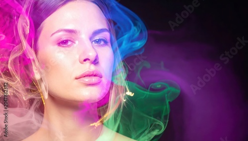 Portrait of a Woman Illuminated by Vibrant Neon Smoke Effects.