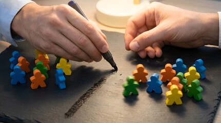 Hands drawing line to separate colorful wooden people figures on slate
