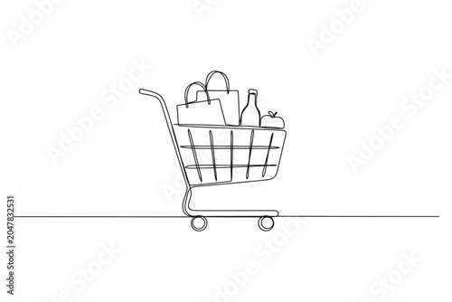 Canvas Print Minimalist continuous line art of a full grocery shopping cart with shopping sup