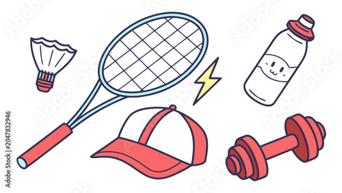Badminton and fitness training equipment icons with badminton, shuttlecock