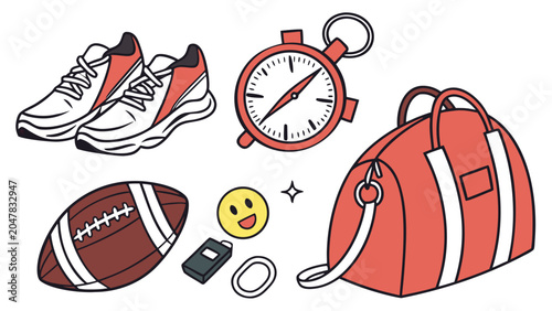 Set of sports equipment and gear icons with equipment athletics training