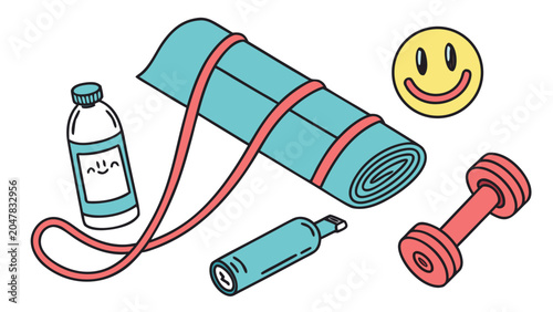 Yoga and workout fitness gear icons with dumbbell exercise training equipment