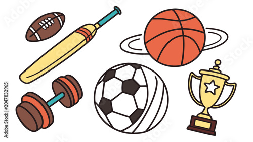 Sports equipment and championship trophy icon set with equipment, football