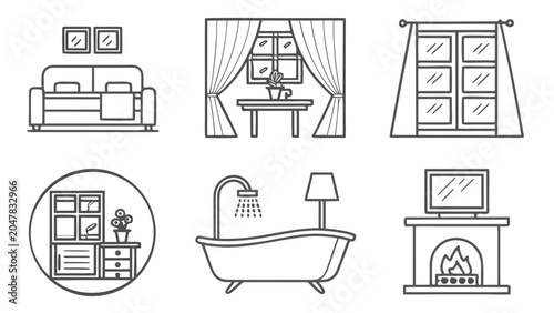 Set of interior furniture and home decor line art icons with furniture, interior