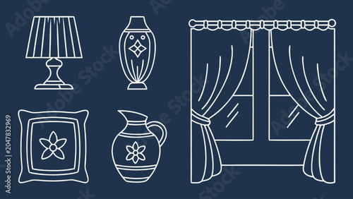 Home decor and interior accessories line art collection with interior, furniture