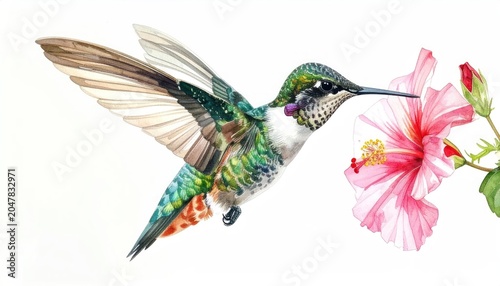 Ruby Throated Hummingbird Feeding on a Vibrant Pink Hibiscus Flower.