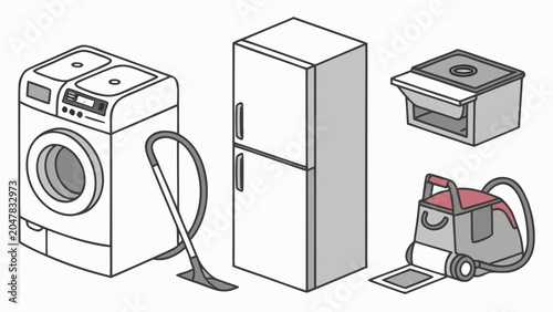 Household appliances isometric icon set for cleaning and kitchen maintenance
