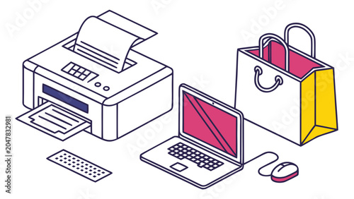 Office technology and shopping stationery icons with technology, shopping