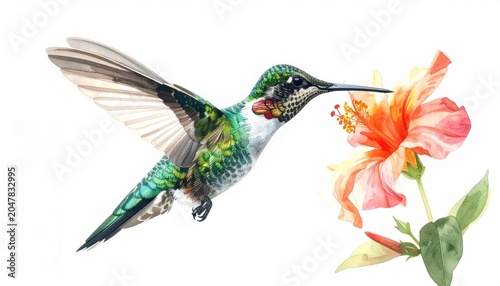 Ruby-throated hummingbird feeding on a vibrant hibiscus flower in flight.