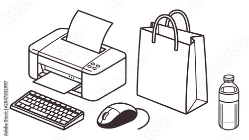Office equipment and personal supplies isometric set with printer and mouse