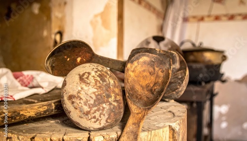Rustic Wooden Kitchen Utensils Displayed on a Table.