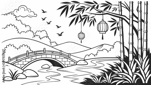 Zen garden landscape with stone bridge and bamboo plants landscape oriental
