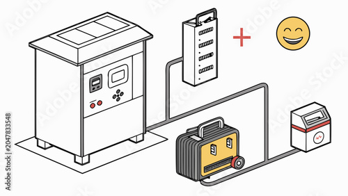 Technical industrial equipment components and happy emoji concept with equipment