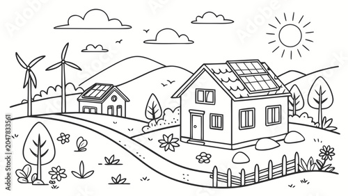 Sustainable eco friendly house with solar panels and wind turbines, sustainabili
